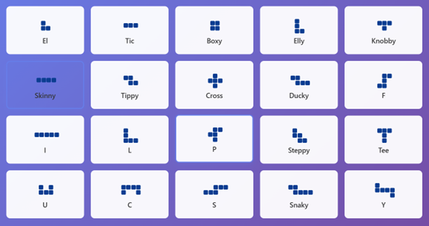 Target Animals Grid - 20 different geometric patterns including El, Tic, Boxy, Elly, Knobby, Skinny, Tippy, Cross, Ducky, F, I, L, P, Steppy, Tee, U, C, S, Snaky, and Y patterns