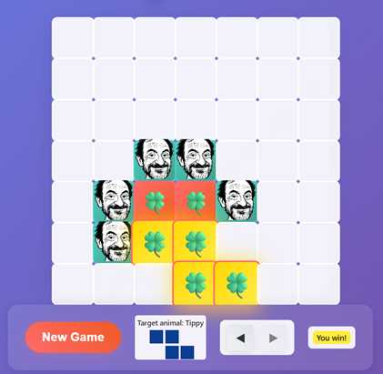 Game win example showing completed 8x8 board with Tippy pattern formed by player pieces, victory message displayed